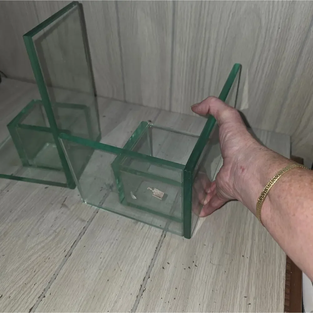 Vtg Minimalist Clear Glass Bookends With Candle Holder/Planter MCM Art Heavy